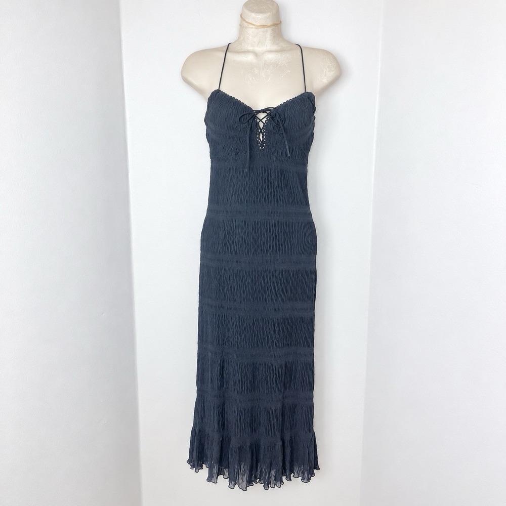 VTG Y2K Womens Lace Up Crinkle Maxi Slip Dress S Whimsigoth Fairy Grunge Ruffle